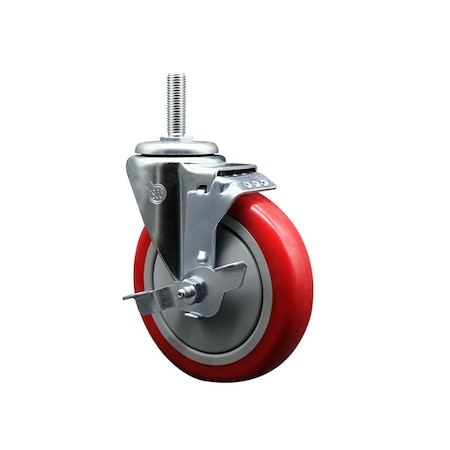 Service Caster 5 Inch Red Polyurethane Wheel Swivel 34 Inch Threaded Stem Caster with Brake SCC SCC-TS20S514-PPUB-RED-TLB-34212